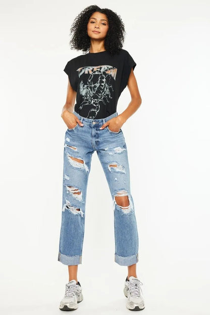 Kancan Mid Rise Distressed Boyfriend Fit Jeans for Women - Love Salve 