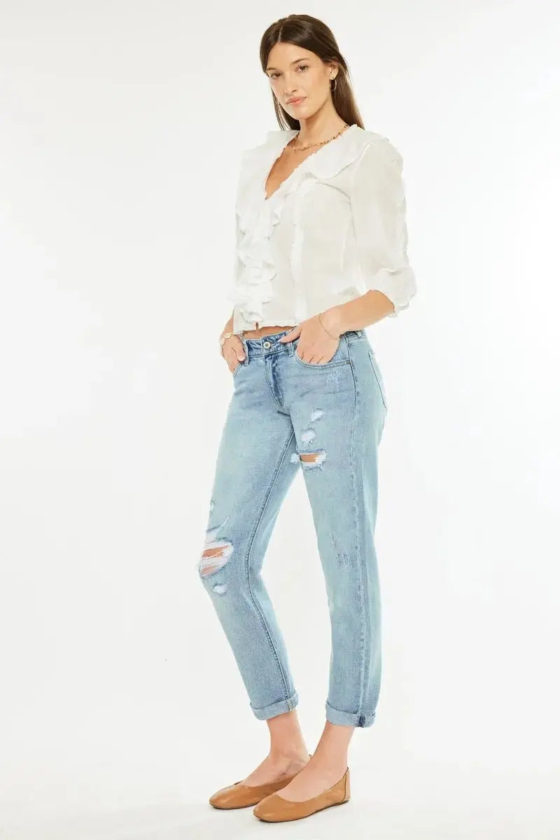 Kancan Mid Rise Distressed Boyfriend Fit Jeans for Women - Love Salve 