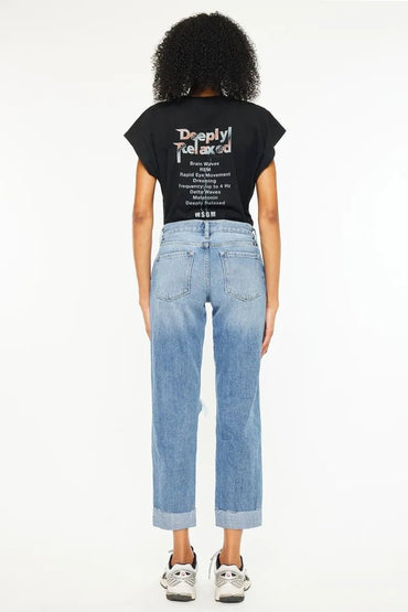 Kancan Mid Rise Distressed Boyfriend Fit Jeans for Women - Love Salve 