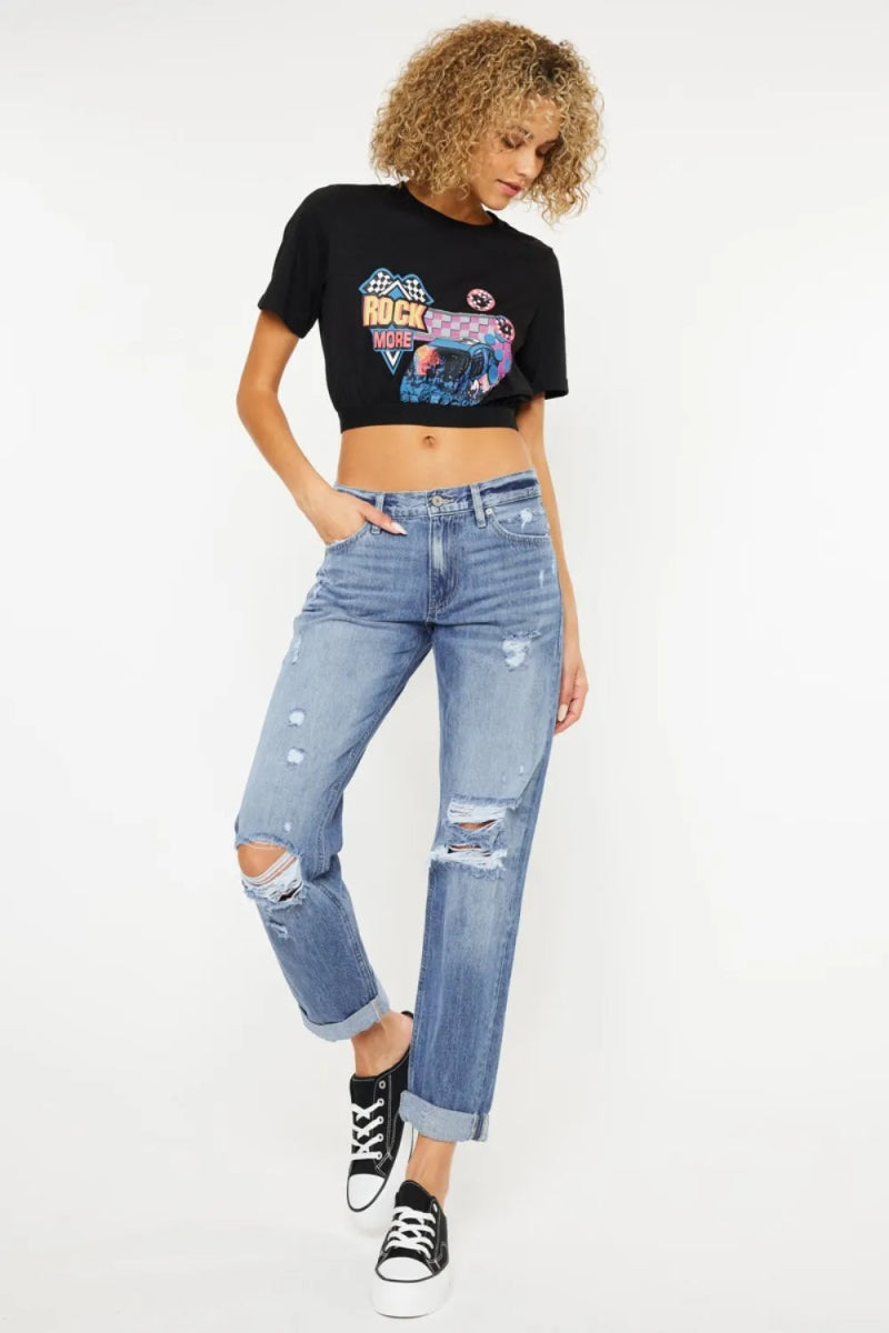 Kancan Mid Rise Distressed Straight Jeans for Women - Love Salve 