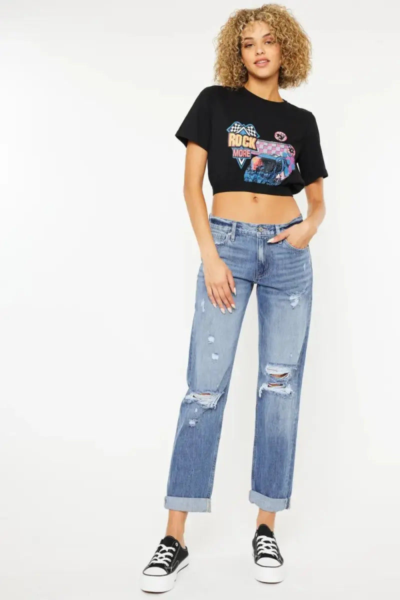 Kancan Mid Rise Distressed Straight Jeans for Women - Love Salve 