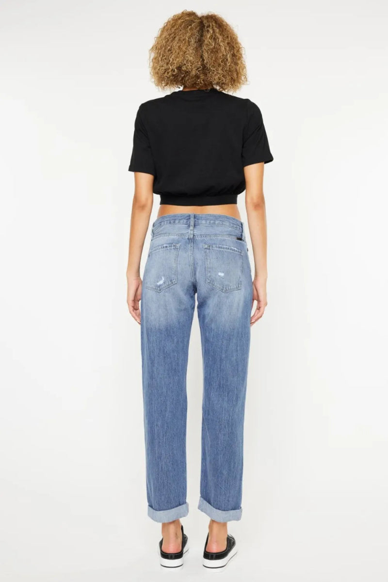 Kancan Mid Rise Distressed Straight Jeans for Women - Love Salve 