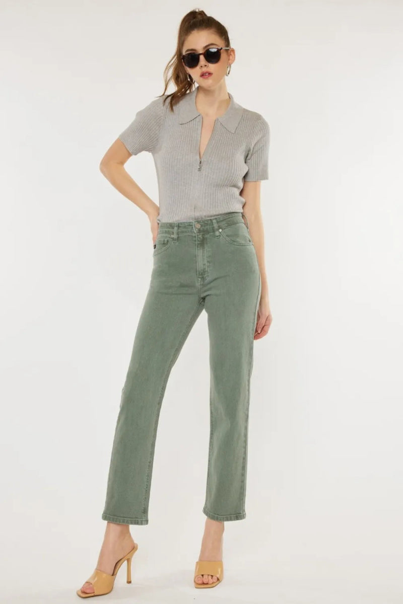 Kancan Ultra High Rise Straight Jeans in Olive Green - Love Salve 