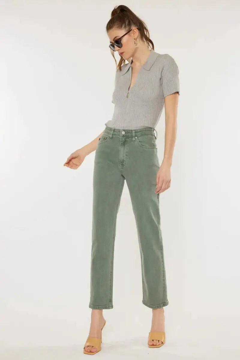 Kancan Ultra High Rise Straight Jeans in Olive Green - Love Salve 