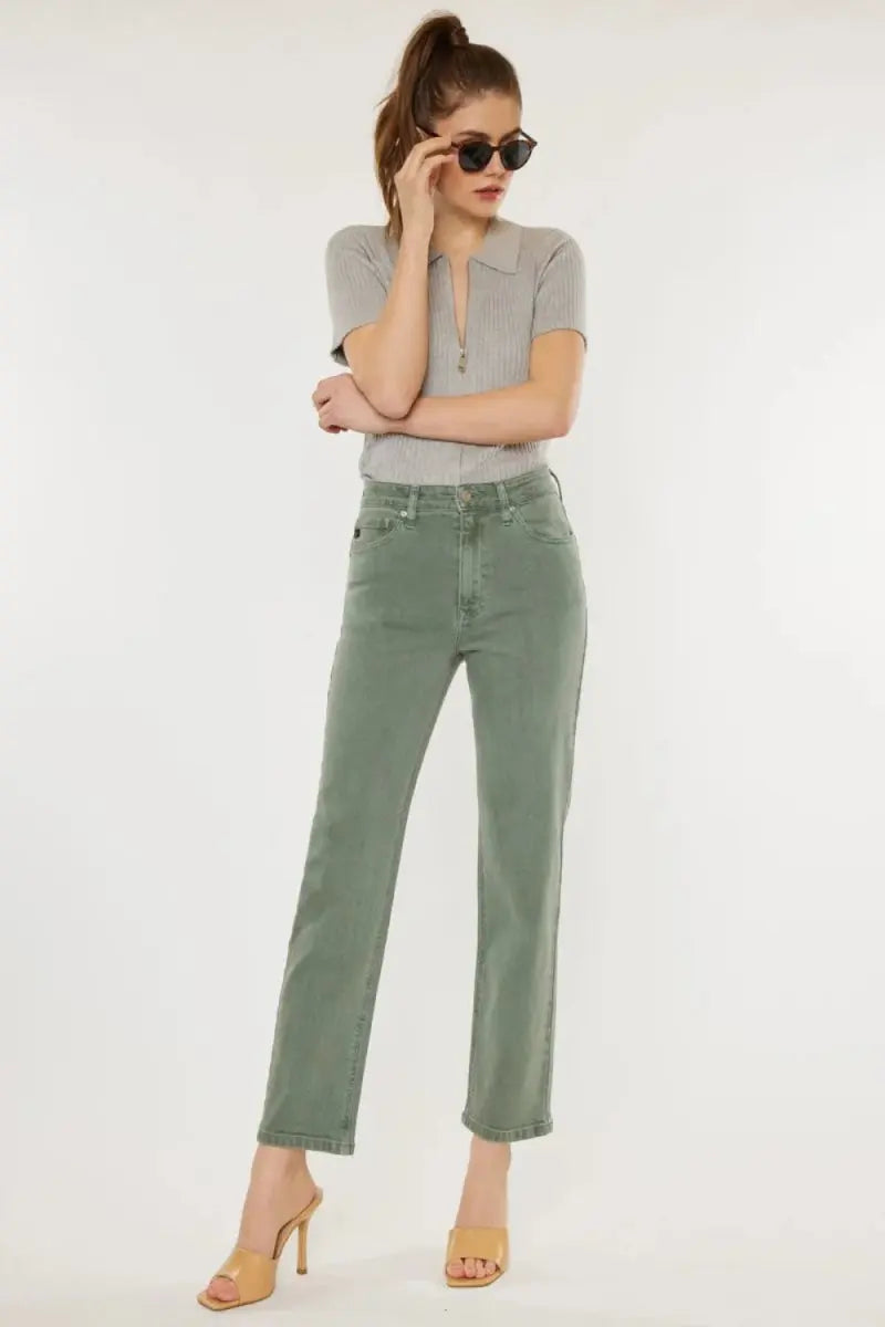 Kancan Ultra High Rise Straight Jeans in Olive Green - Love Salve 
