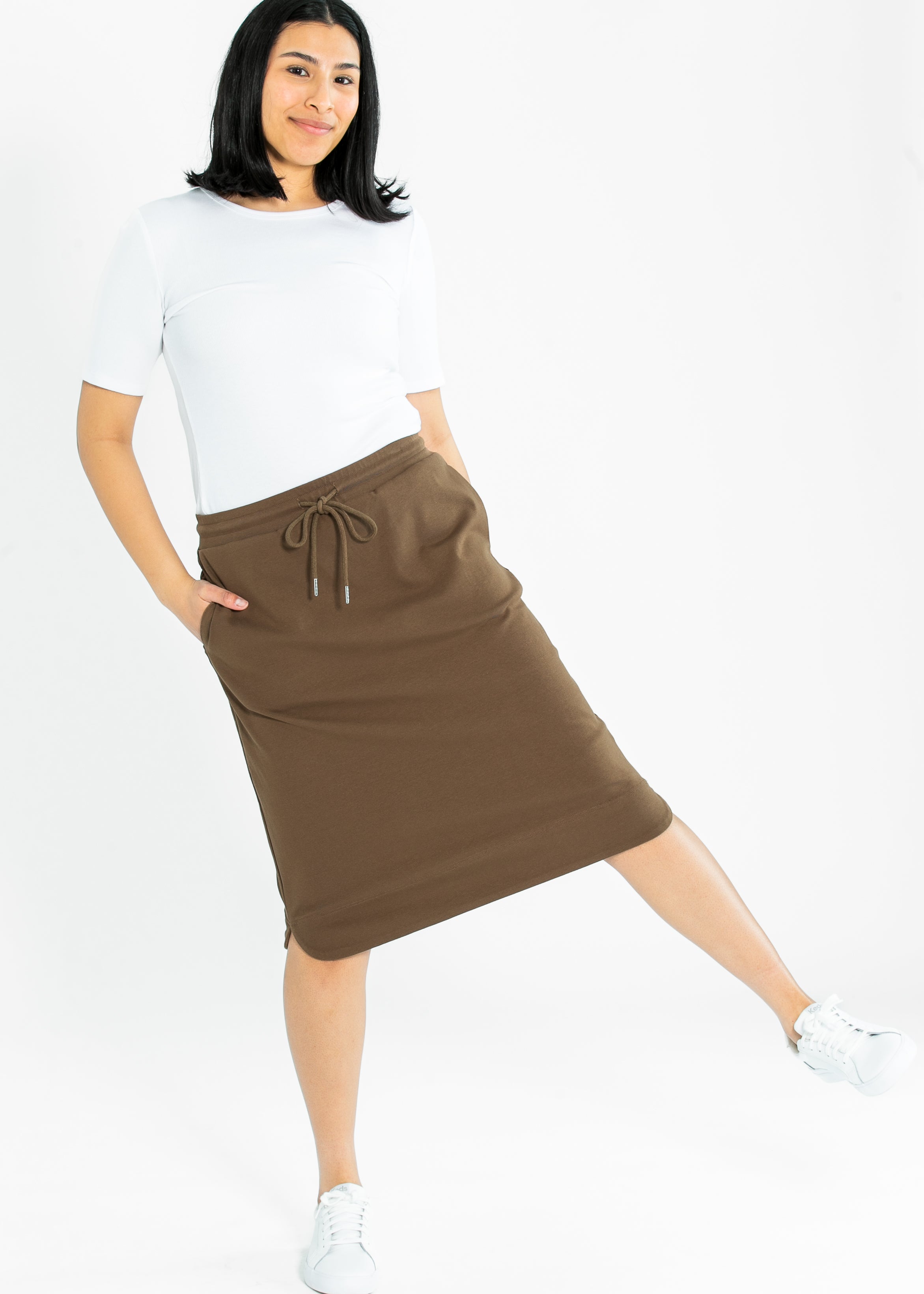 Kelly Drawstring Midi Skirt Soft Stretch Fabric Pockets Inherit Co.