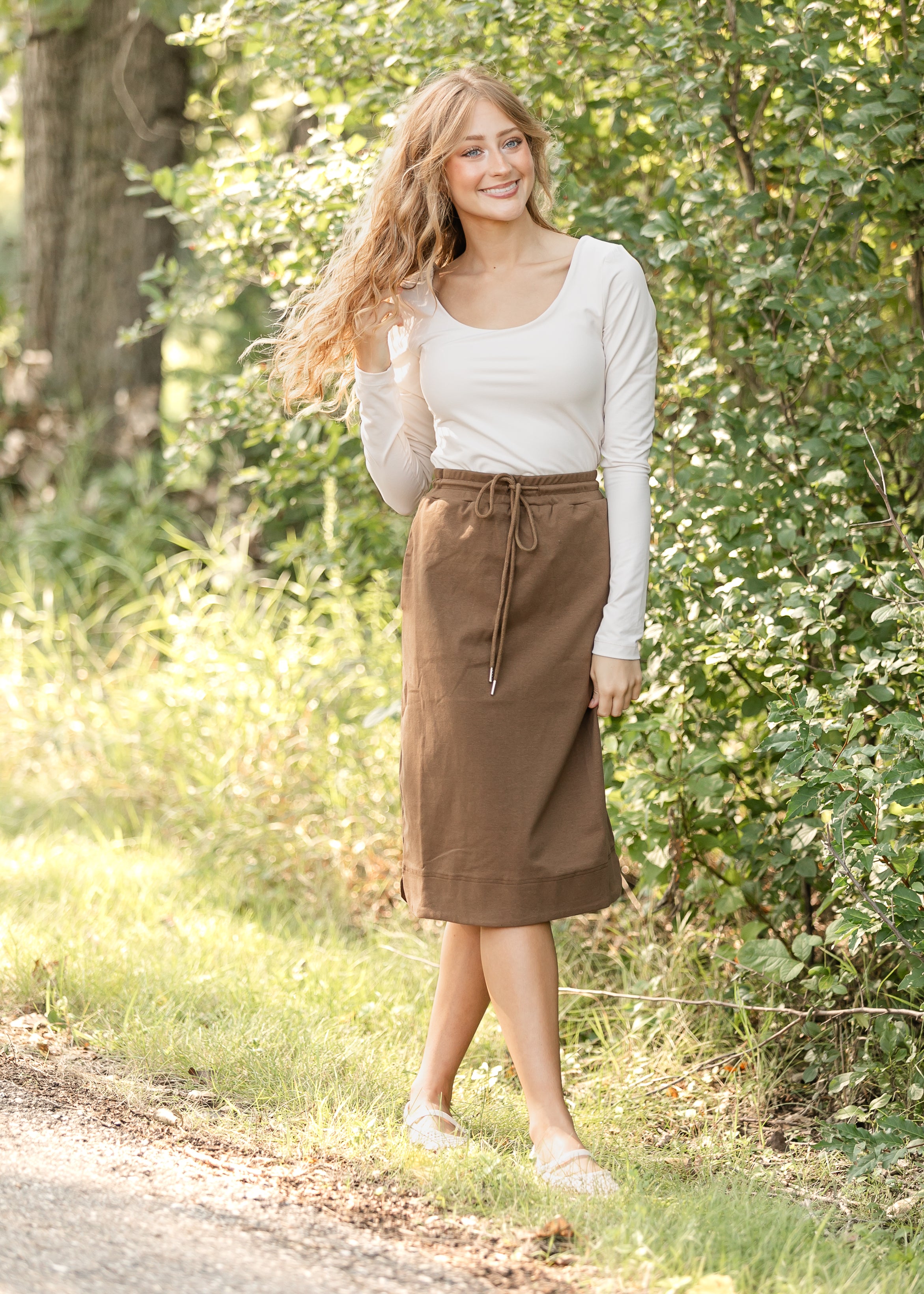 Kelly Drawstring Midi Skirt Soft Stretch Fabric Pockets Inherit Co.