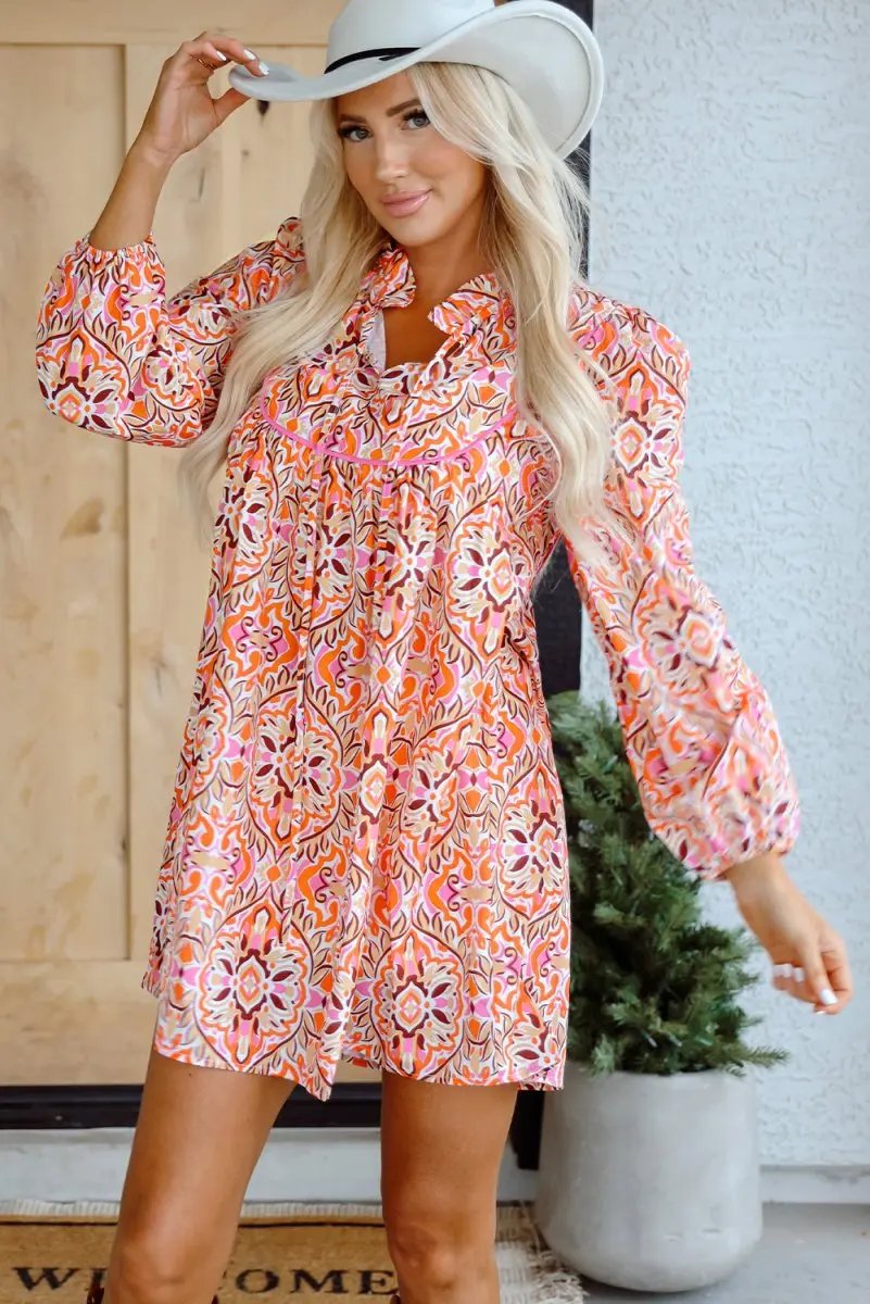 Khaki Abstract Printed Long Sleeve Tied Neckline Mini Dress - Love Salve 