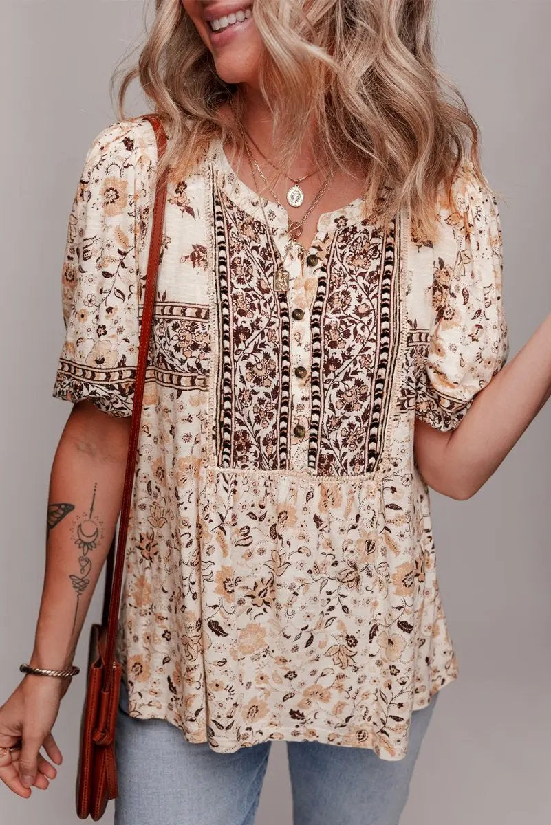 Khaki Boho Floral Print Half Placket Short Sleeve Blouse - Love Salve 
