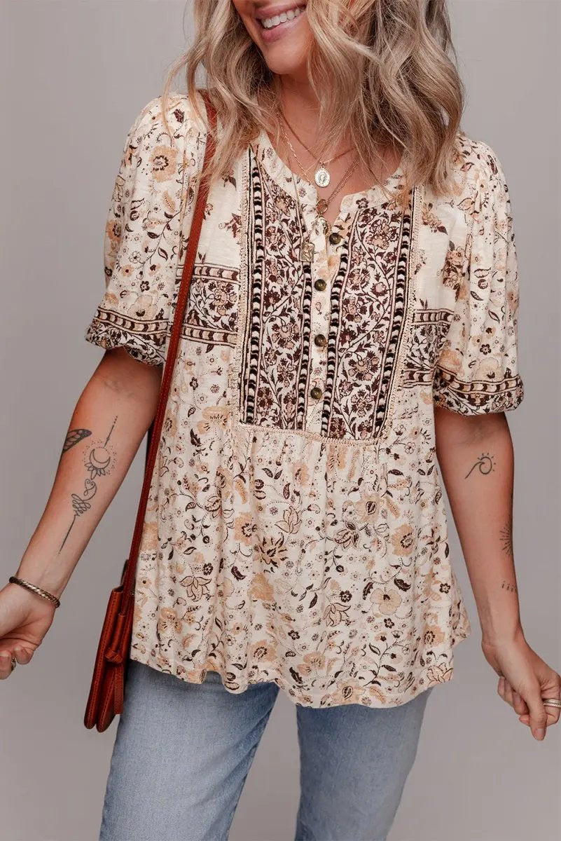 Khaki Boho Floral Print Half Placket Short Sleeve Blouse - Love Salve 