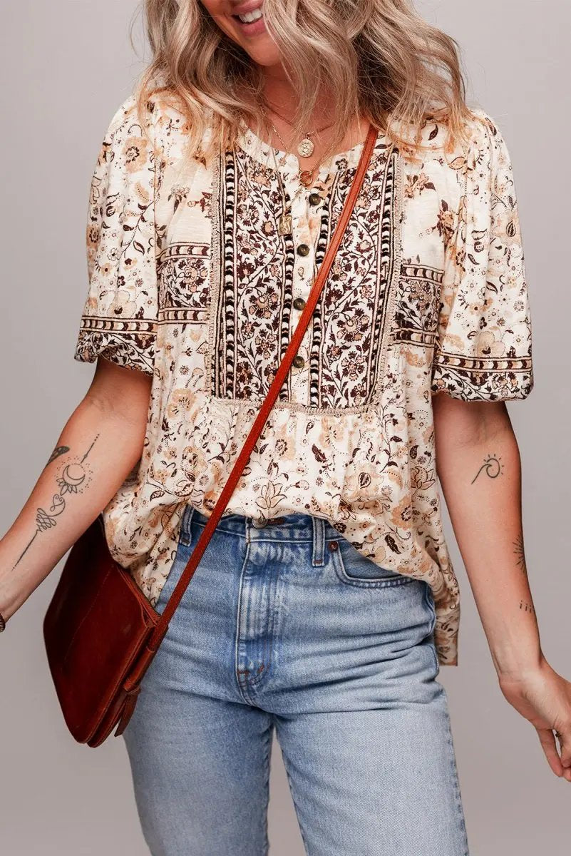 Khaki Boho Floral Print Half Placket Short Sleeve Blouse - Love Salve 
