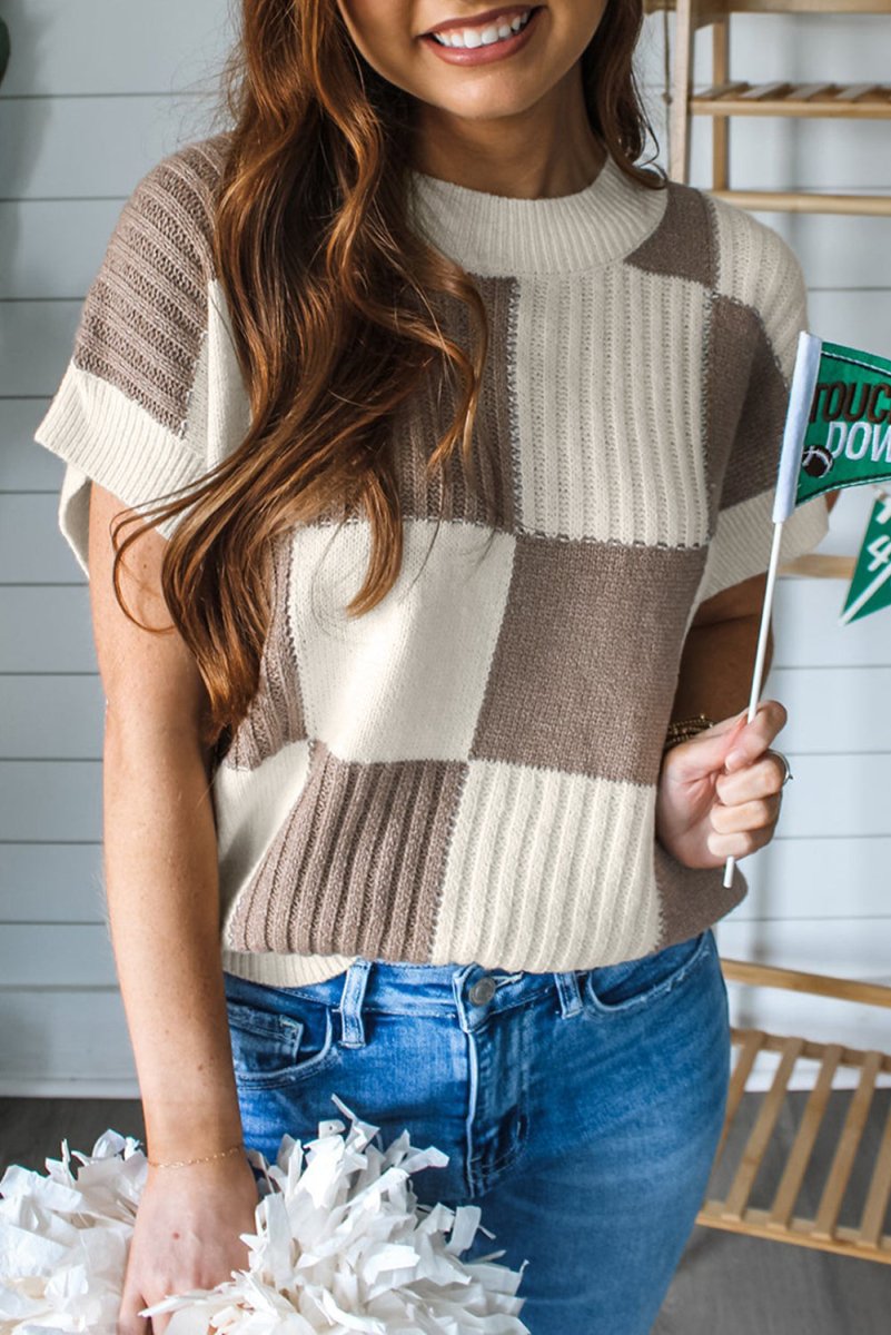 Khaki Checkered Color Block Crew Neck Short Sleeve Sweater - Love Salve