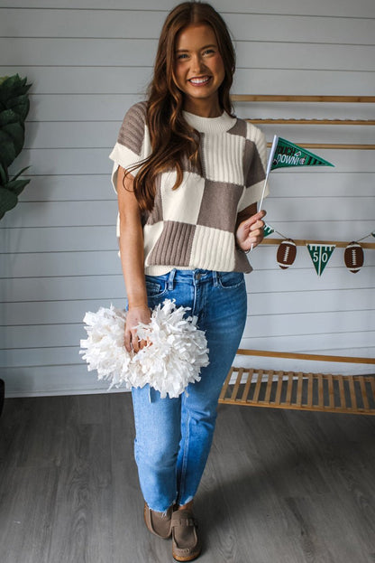 Khaki Checkered Color Block Crew Neck Short Sleeve Sweater - Love Salve