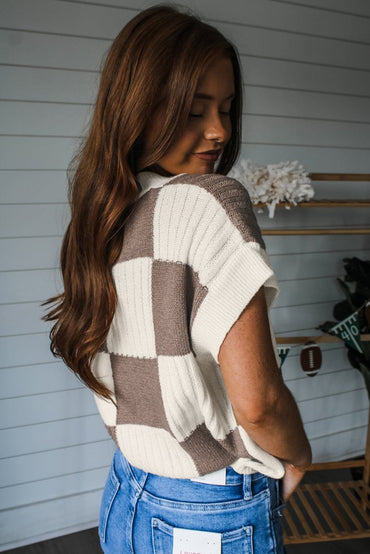 Khaki Checkered Color Block Crew Neck Short Sleeve Sweater - Love Salve