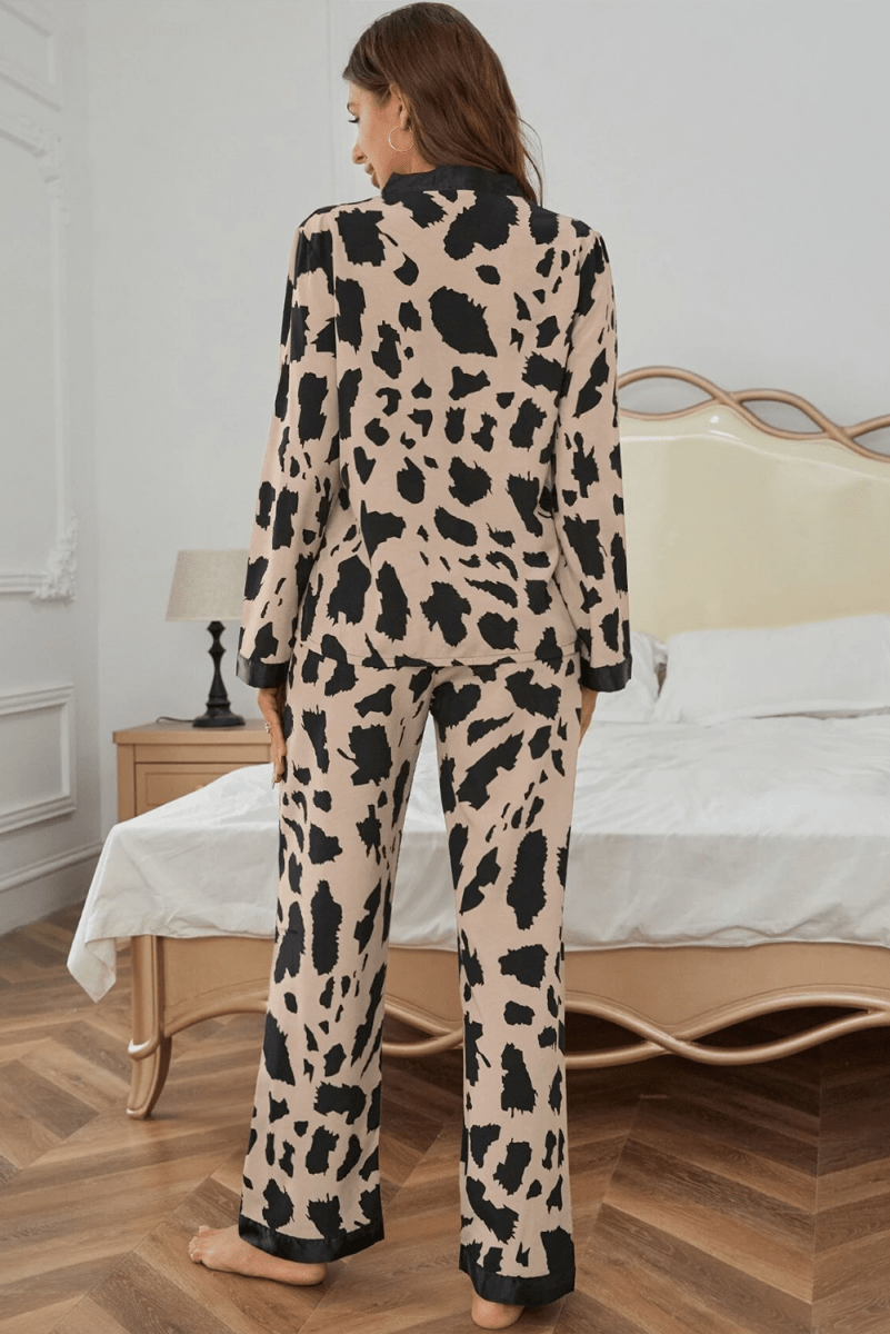 Khaki Cheetah Contrast Trim Loose Fit Two Piece Sleepwear - Love Salve 