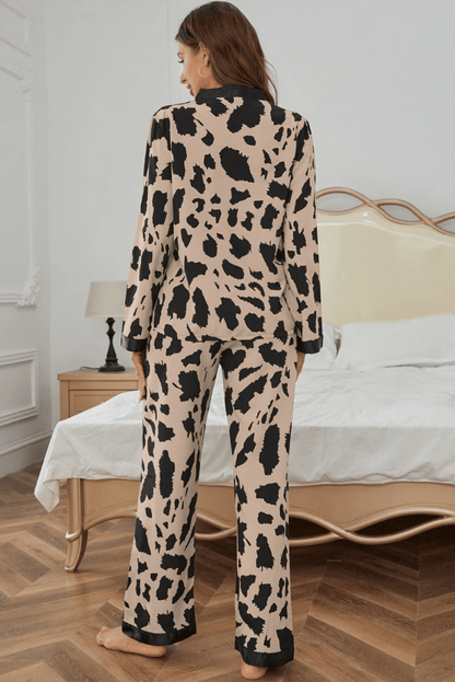 Khaki Cheetah Contrast Trim Loose Fit Two Piece Sleepwear - Love Salve 