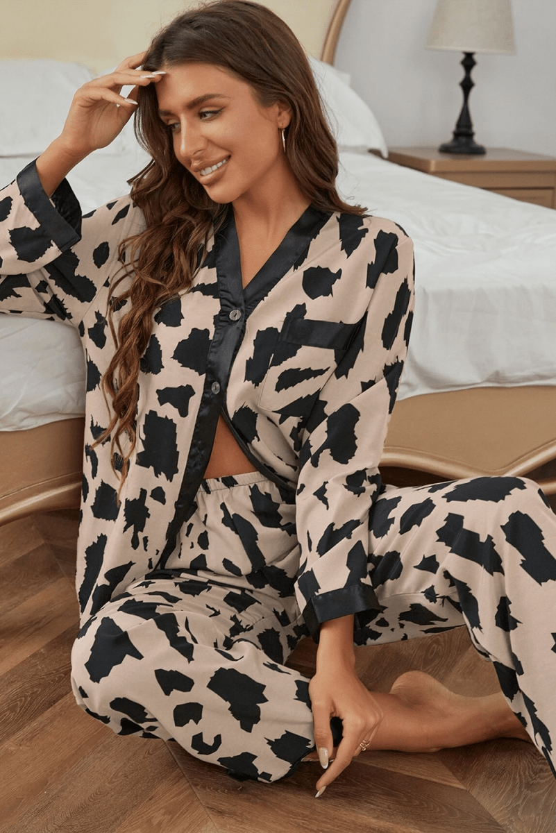 Khaki Cheetah Contrast Trim Loose Fit Two Piece Sleepwear - Love Salve 