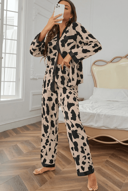 Khaki Cheetah Contrast Trim Loose Fit Two Piece Sleepwear - Love Salve 
