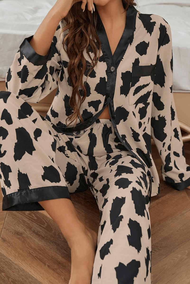 Khaki Cheetah Contrast Trim Loose Fit Two Piece Sleepwear - Love Salve 