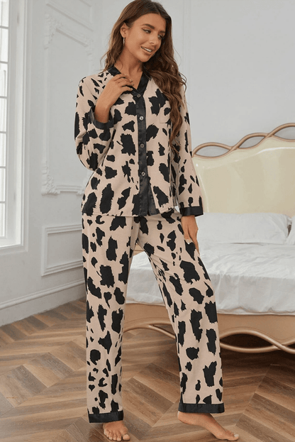 Khaki Cheetah Contrast Trim Loose Fit Two Piece Sleepwear - Love Salve 