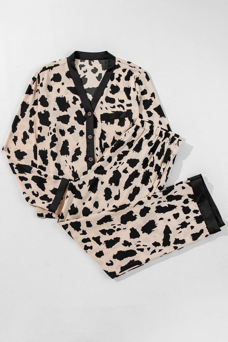 Khaki Cheetah Contrast Trim Loose Fit Two Piece Sleepwear - Love Salve 