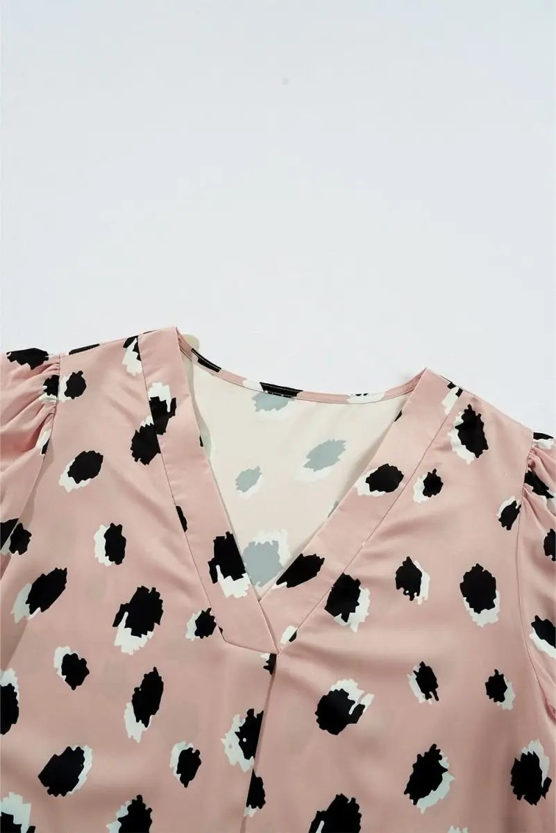 Khaki Classic Leopard V Neck Bracelet Sleeve Blouse - Love Salve 