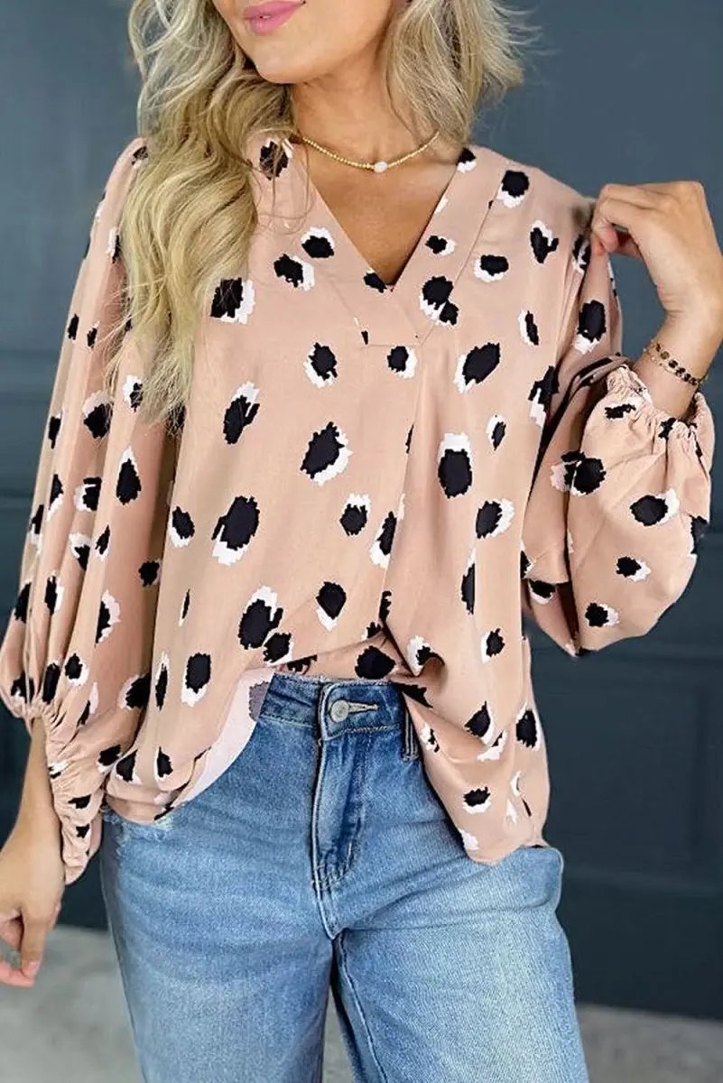 Khaki Classic Leopard V Neck Bracelet Sleeve Blouse - Love Salve 