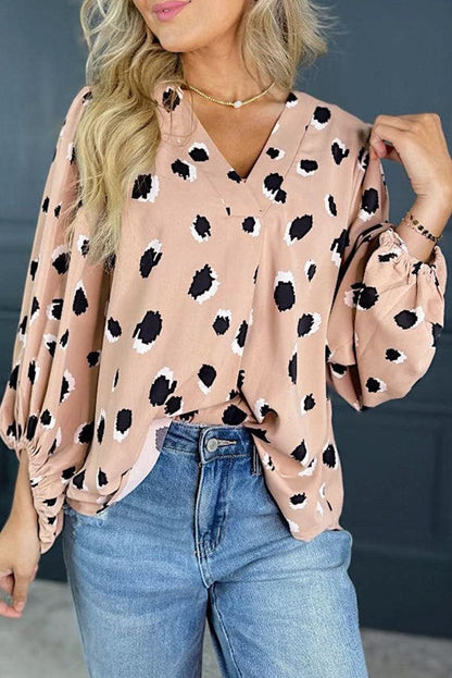 Khaki Classic Leopard V Neck Bracelet Sleeve Blouse - Love Salve 