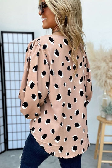 Khaki Classic Leopard V Neck Bracelet Sleeve Blouse - Love Salve 