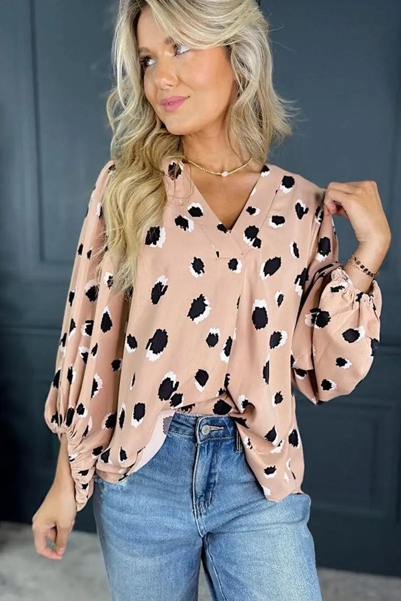 Khaki Classic Leopard V Neck Bracelet Sleeve Blouse - Love Salve 