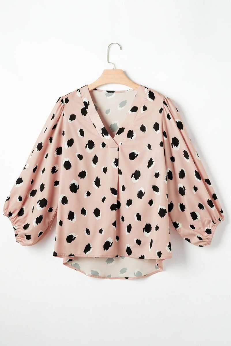 Khaki Classic Leopard V Neck Bracelet Sleeve Blouse - Love Salve 