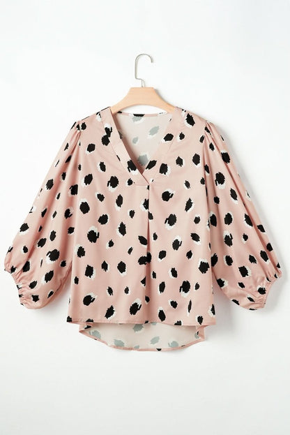 Khaki Classic Leopard V Neck Bracelet Sleeve Blouse - Love Salve 