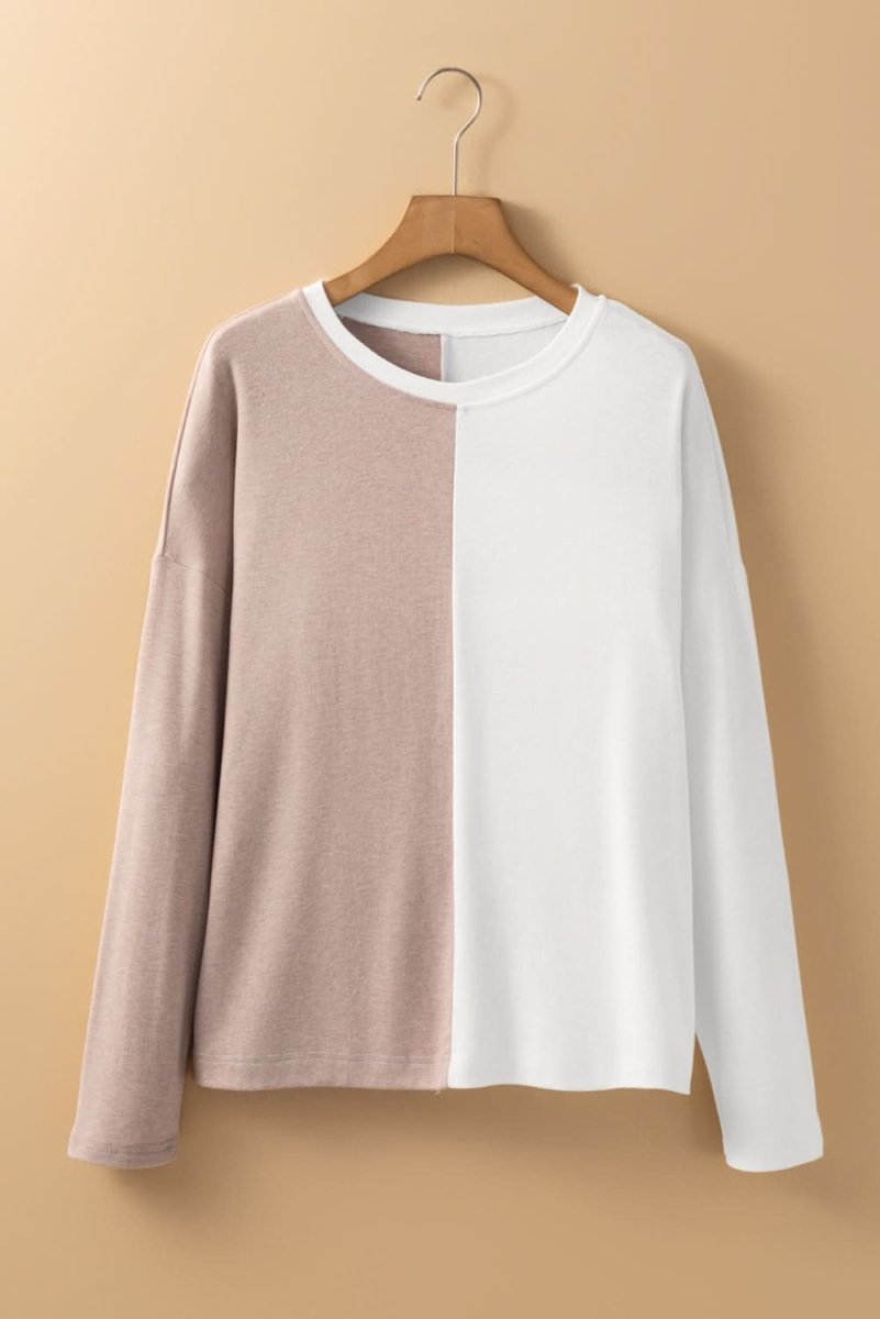 Khaki Colorblock Casual Long Sleeve Top - Love Salve