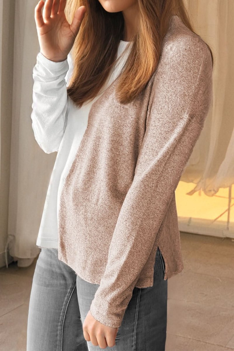 Khaki Colorblock Casual Long Sleeve Top - Love Salve