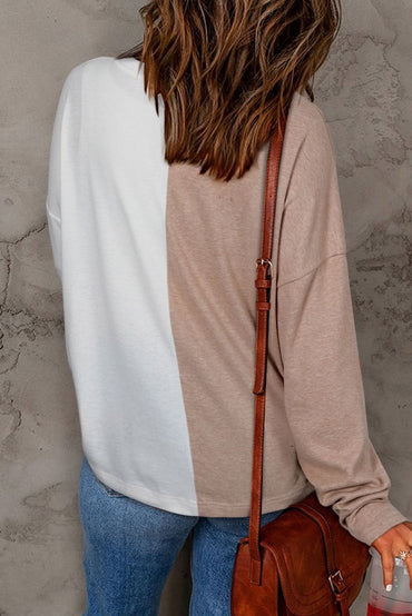 Khaki Colorblock Casual Long Sleeve Top - Love Salve