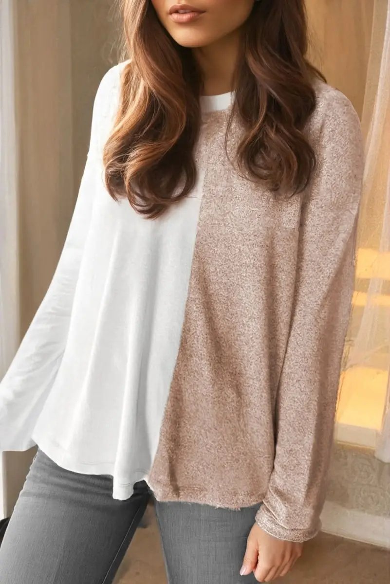 Khaki Colorblock Casual Long Sleeve Top - Love Salve 