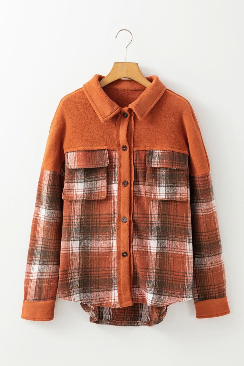 Khaki Colorblock Plaid Pattern Flap Pockets Buttoned Shacket - Love Salve 