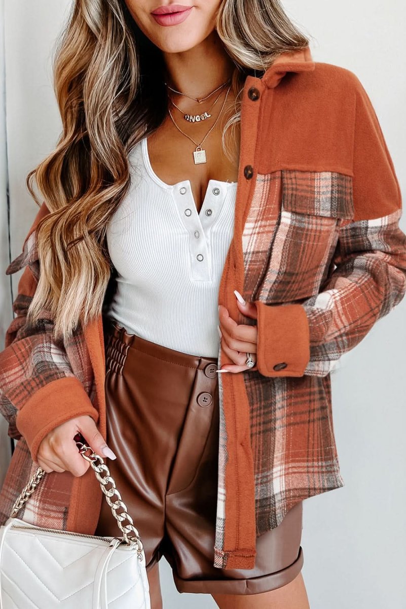 Khaki Colorblock Plaid Pattern Flap Pockets Buttoned Shacket - Love Salve 