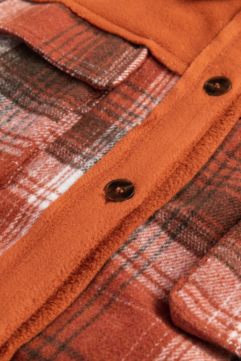 Khaki Colorblock Plaid Pattern Flap Pockets Buttoned Shacket - Love Salve 