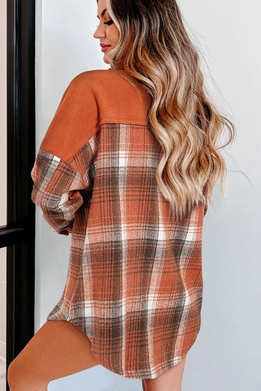 Khaki Colorblock Plaid Pattern Flap Pockets Buttoned Shacket - Love Salve 