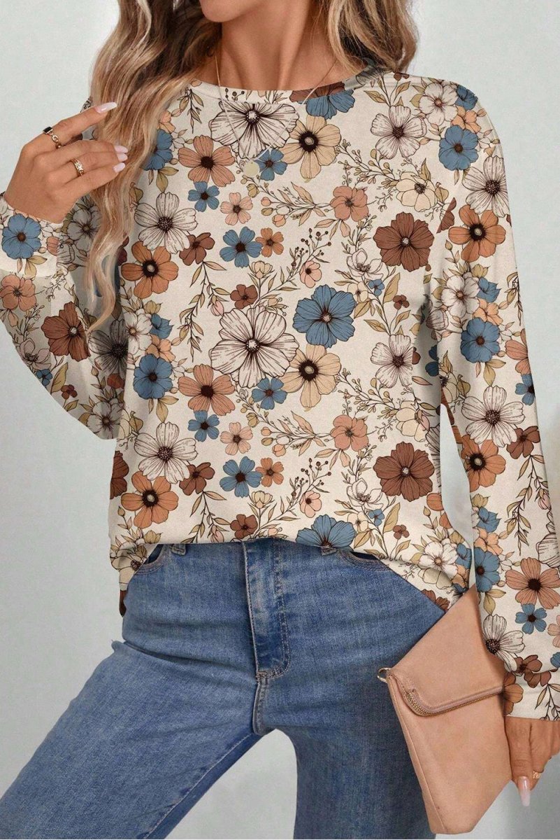 Khaki Floral Print Loose Crew Neck Long Sleeve T Shirt Fashion - Love Salve 