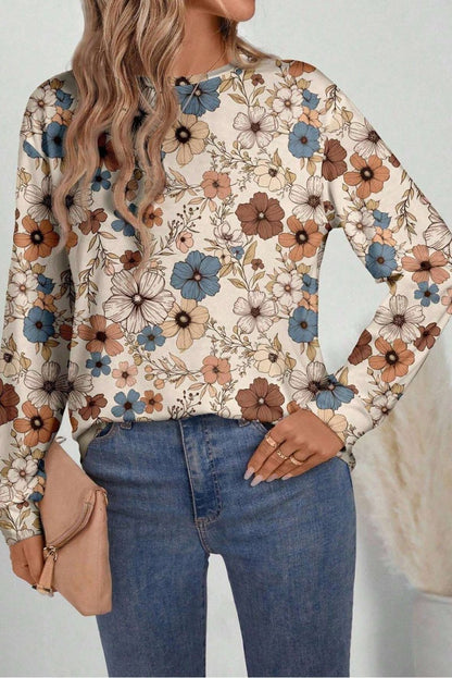 Khaki Floral Print Loose Crew Neck Long Sleeve T Shirt Fashion - Love Salve 