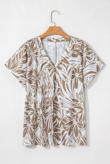 Khaki Floral Print V Neck Short Sleeve Loose Fit Blouse - Love Salve 