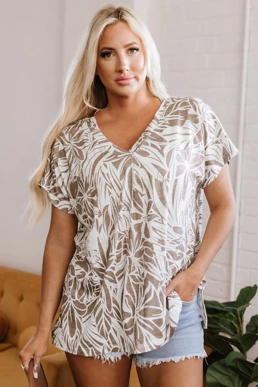 Khaki Floral Print V Neck Short Sleeve Loose Fit Blouse - Love Salve 