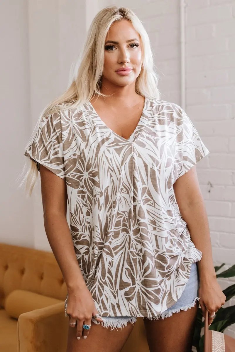 Khaki Floral Print V Neck Short Sleeve Loose Fit Blouse - Love Salve 