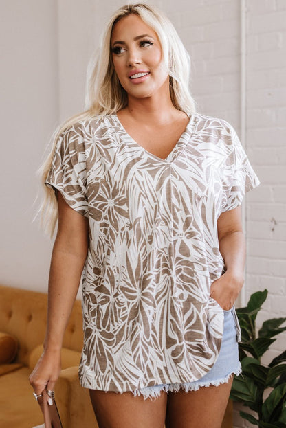 Khaki Floral Print V Neck Short Sleeve Loose Fit Blouse - Love Salve 