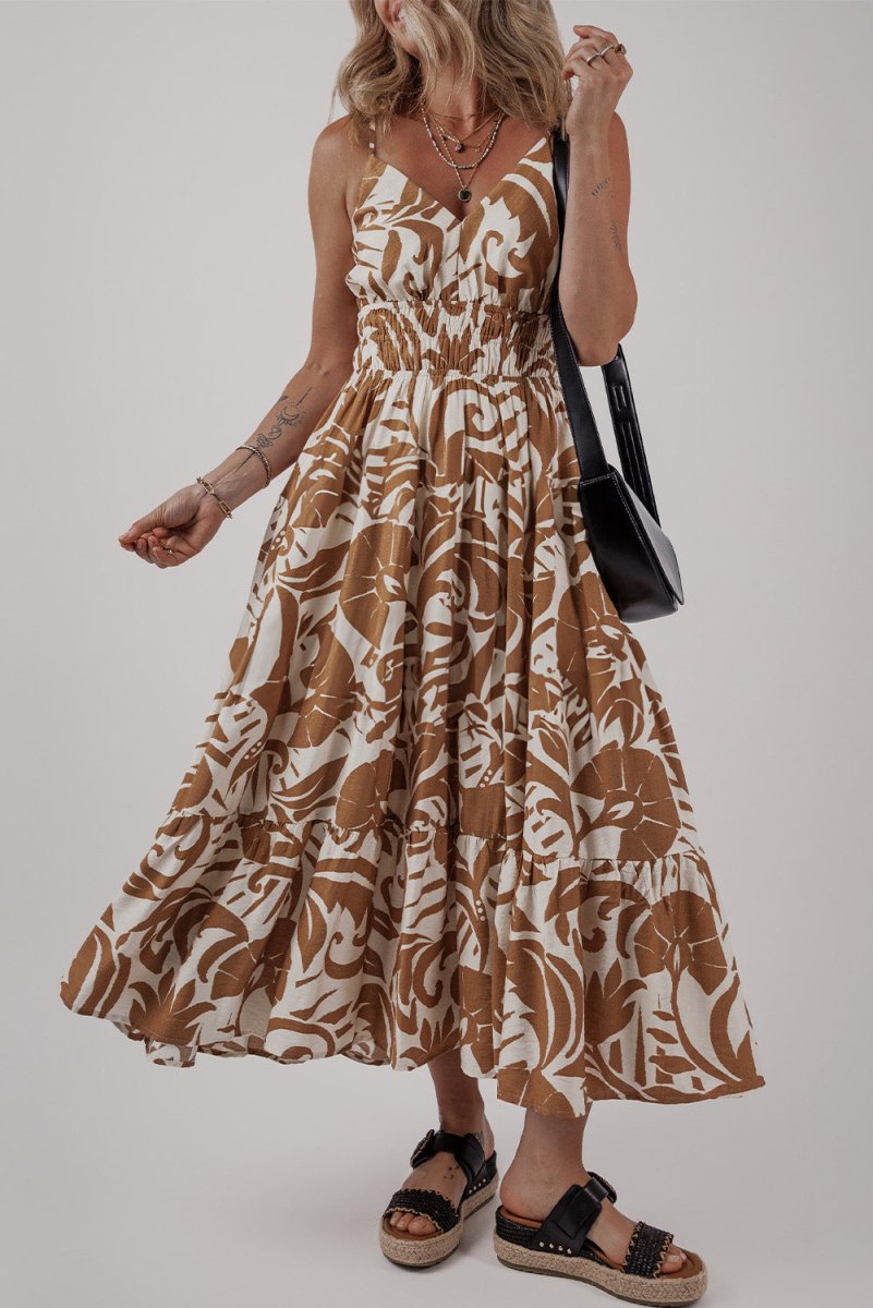 Khaki Floral Shirred High Waist Spaghetti Straps Maxi Dress - Love Salve 