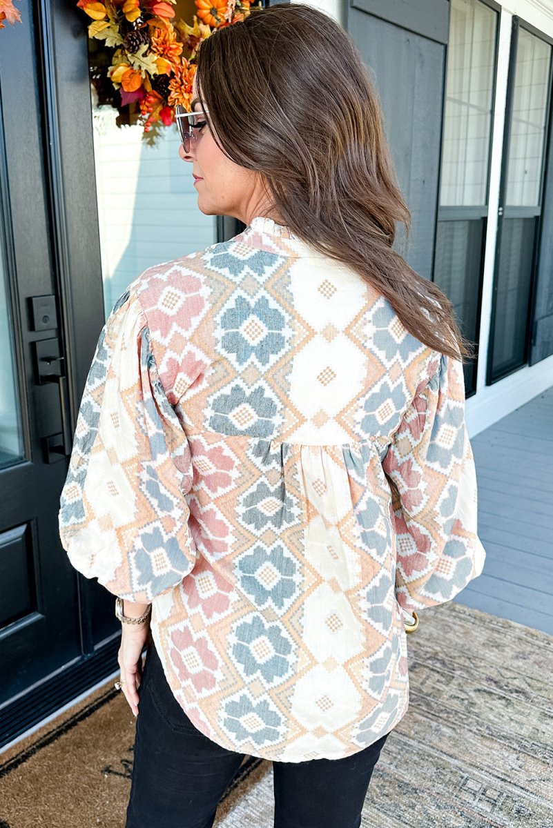Khaki Geometric Print Tassel Tie Split Neck Balloon Sleeve Blouse - Love Salve 