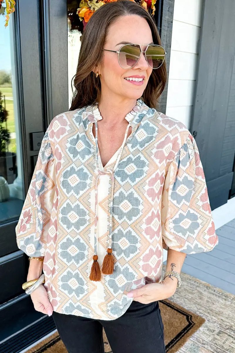 Khaki Geometric Print Tassel Tie Split Neck Balloon Sleeve Blouse - Love Salve 