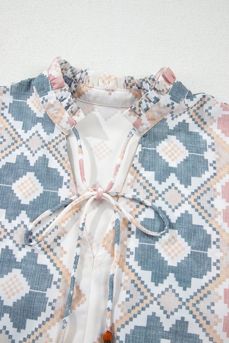 Khaki Geometric Print Tassel Tie Split Neck Balloon Sleeve Blouse - Love Salve 